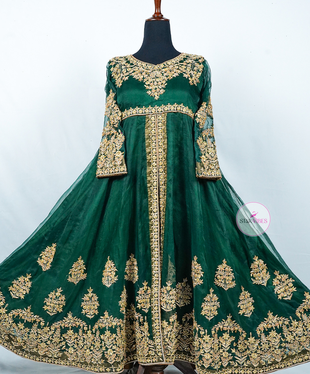 Open-style maxi dress with detailed embellishments and Shemraw silk plazo, perfect for special occasions