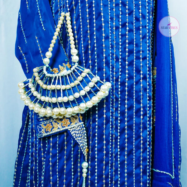 Hand-Embellished Shemraw Silk Long Shirt with Crinkle Dupatta - Dabka, Polki, Pearls & Resham
