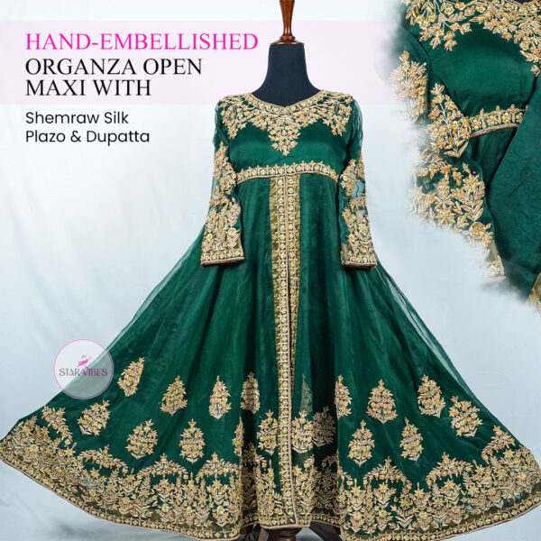 Hand-Embellished Organza Open Maxi with Shemraw Silk Plazo & Dupatta