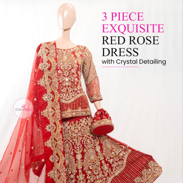 3 Piece Exquisite Red Rose Dress with Crystal Detailing