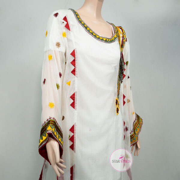 Traditional White Kurta with Handcrafted Mirror and Crystal Detailing - Image 4