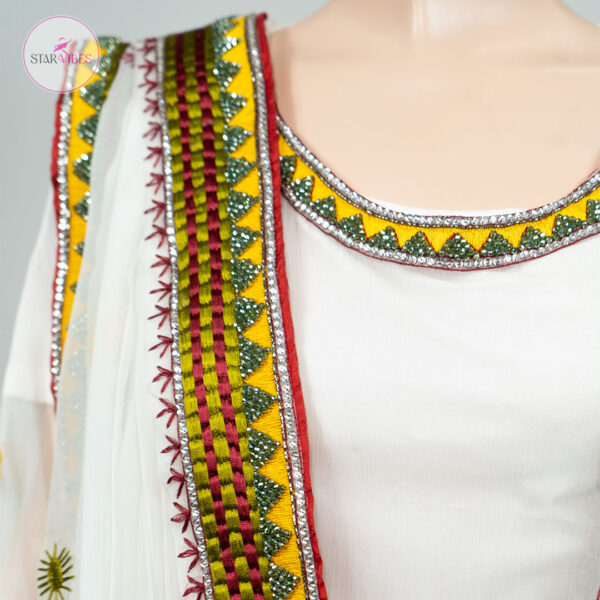 Traditional White Kurta with Handcrafted Mirror and Crystal Detailing - Image 5