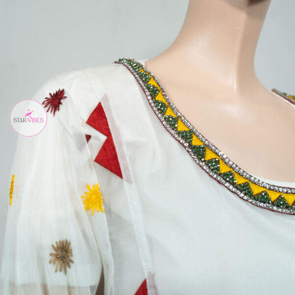 Traditional White Kurta with Handcrafted Mirror and Crystal Detailing - Image 6