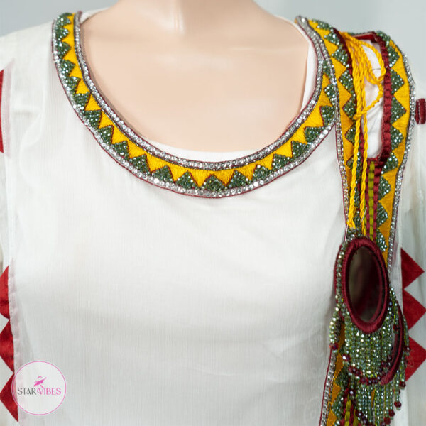 Traditional White Kurta with Handcrafted Mirror and Crystal Detailing - Image 7