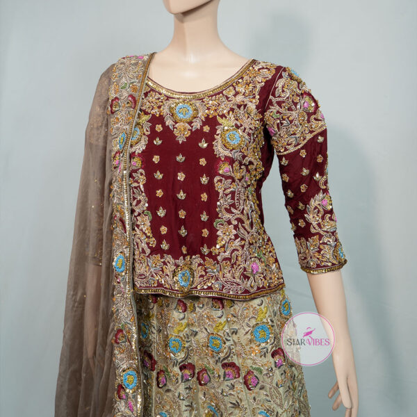 Maroon and Golden Bridal Dress with Intricate Handcrafted Details - Image 8