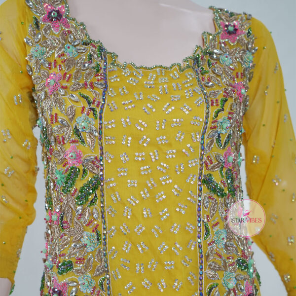 Yellow Mehndi Floral Bridal Dress with 3D Handcrafted Flower Work - Image 9