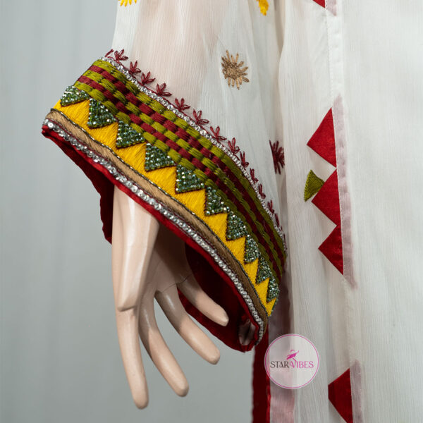 Traditional White Kurta with Handcrafted Mirror and Crystal Detailing - Image 10