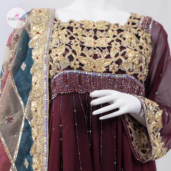 2 Piece Maroon Frock with Dabka and Crystal Detailing - Image 6