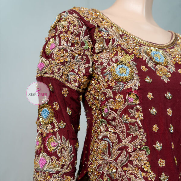 Maroon and Golden Bridal Dress with Intricate Handcrafted Details - Image 11