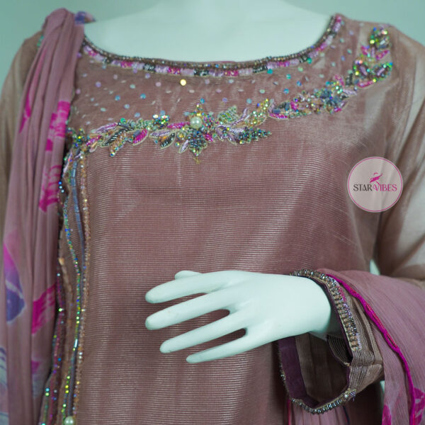 Tea Pink Party Dress with Hand Embroidered Katan Detailing - Image 3
