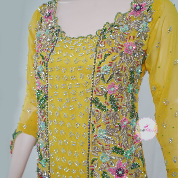 Yellow Mehndi Floral Bridal Dress with 3D Handcrafted Flower Work - Image 10