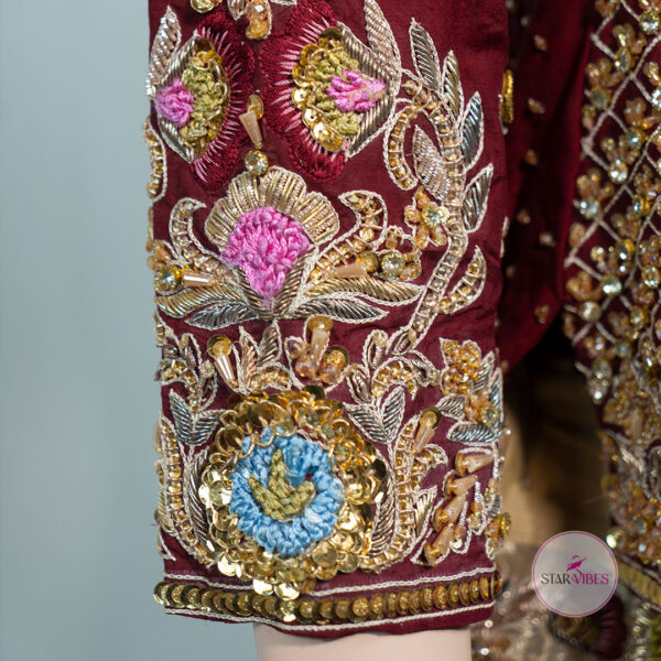 Maroon and Golden Bridal Dress with Intricate Handcrafted Details - Image 13