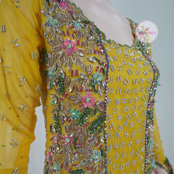 Yellow Mehndi Floral Bridal Dress with 3D Handcrafted Flower Work - Image 8