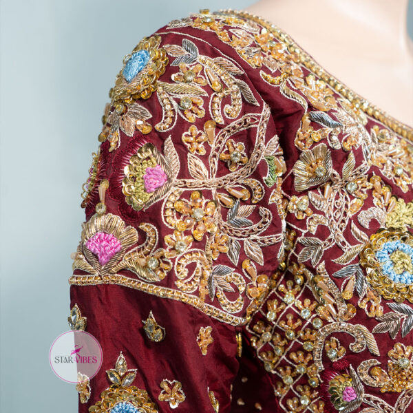 Maroon and Golden Bridal Dress with Intricate Handcrafted Details - Image 12
