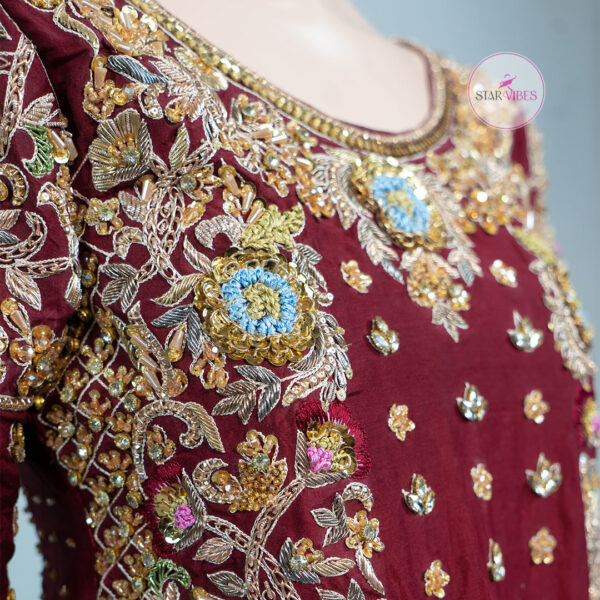 Maroon and Golden Bridal Dress with Intricate Handcrafted Details - Image 14