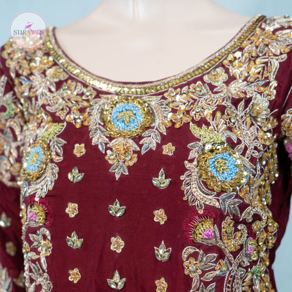 Maroon and Golden Bridal Dress with Intricate Handcrafted Details - Image 15