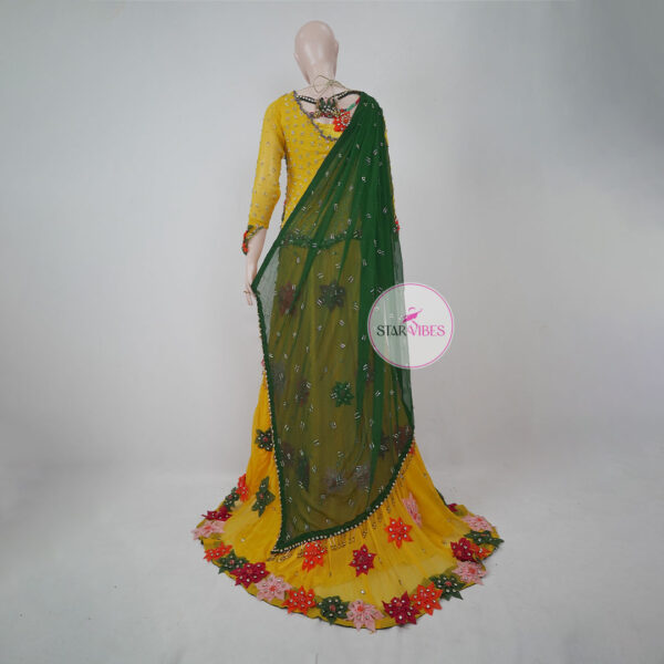Yellow Mehndi Floral Bridal Dress with 3D Handcrafted Flower Work - Image 4