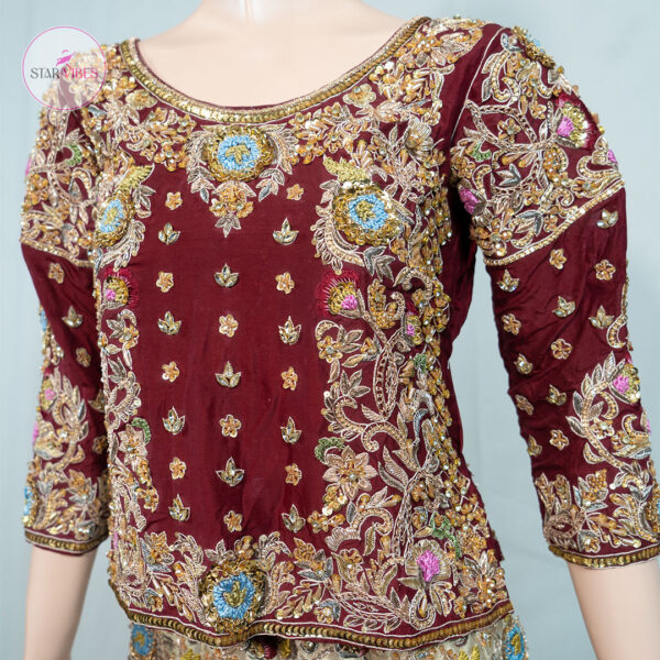 Maroon and Golden Bridal Dress with Intricate Handcrafted Details - Image 16
