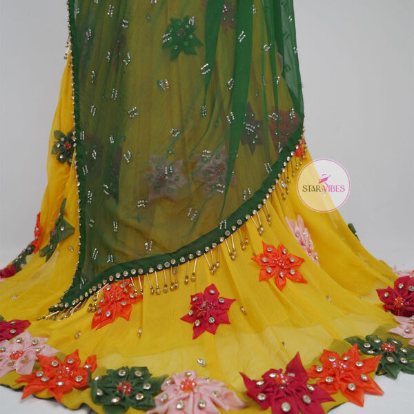 Yellow Mehndi Floral Bridal Dress with 3D Handcrafted Flower Work - Image 6