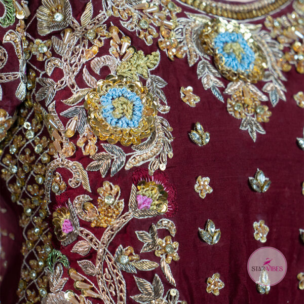 Maroon and Golden Bridal Dress with Intricate Handcrafted Details - Image 17