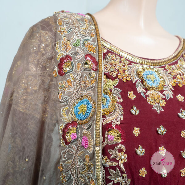 Maroon and Golden Bridal Dress with Intricate Handcrafted Details - Image 7