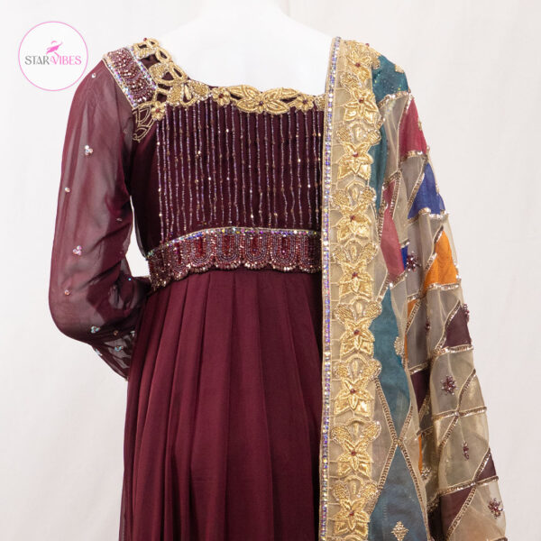 2 Piece Maroon Frock with Dabka and Crystal Detailing - Image 8