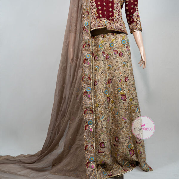 Maroon and Golden Bridal Dress with Intricate Handcrafted Details - Image 4