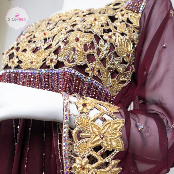 2 Piece Maroon Frock with Dabka and Crystal Detailing - Image 4