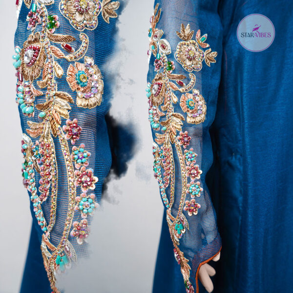 Blue Bird Net Dress with Handcrafted Dabka and Crystal Embellishments - Image 9