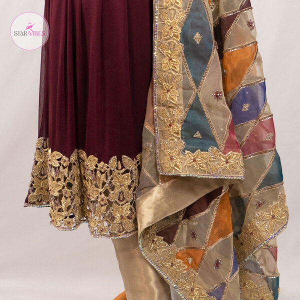 2 Piece Maroon Frock with Dabka and Crystal Detailing - Image 7