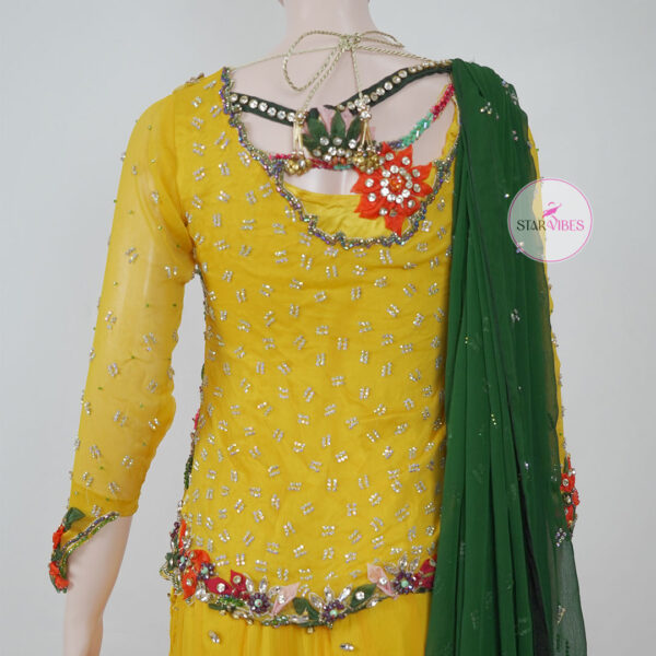 Yellow Mehndi Floral Bridal Dress with 3D Handcrafted Flower Work - Image 12