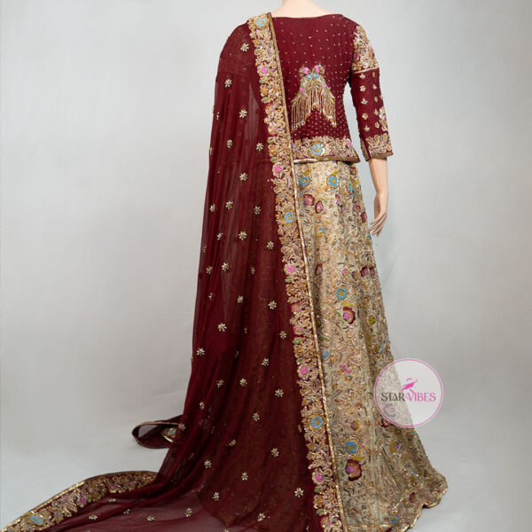 Maroon and Golden Bridal Dress with Intricate Handcrafted Details - Image 3