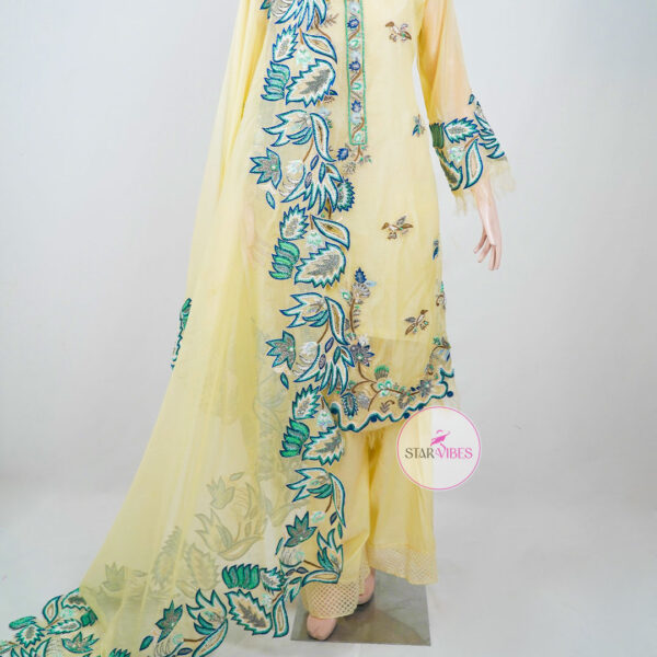 Lemon White Feather Ensemble with Intricate Handcrafted Borders - Image 2