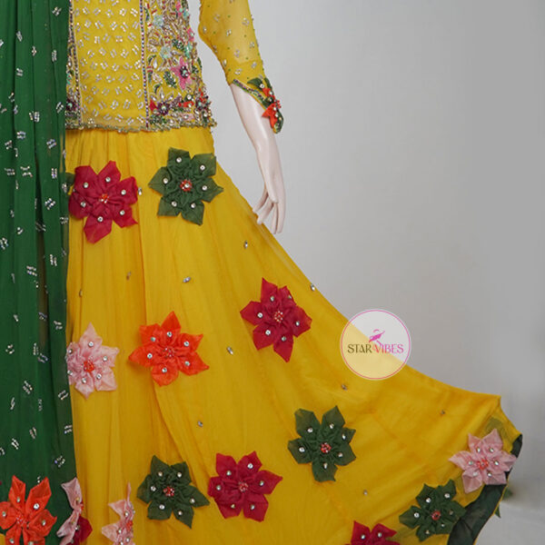 Yellow Mehndi Floral Bridal Dress with 3D Handcrafted Flower Work - Image 3