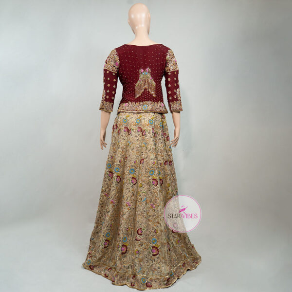 Maroon and Golden Bridal Dress with Intricate Handcrafted Details - Image 2