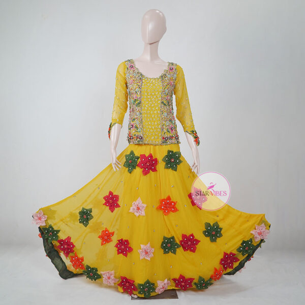 Yellow Mehndi Floral Bridal Dress with 3D Handcrafted Flower Work - Image 2