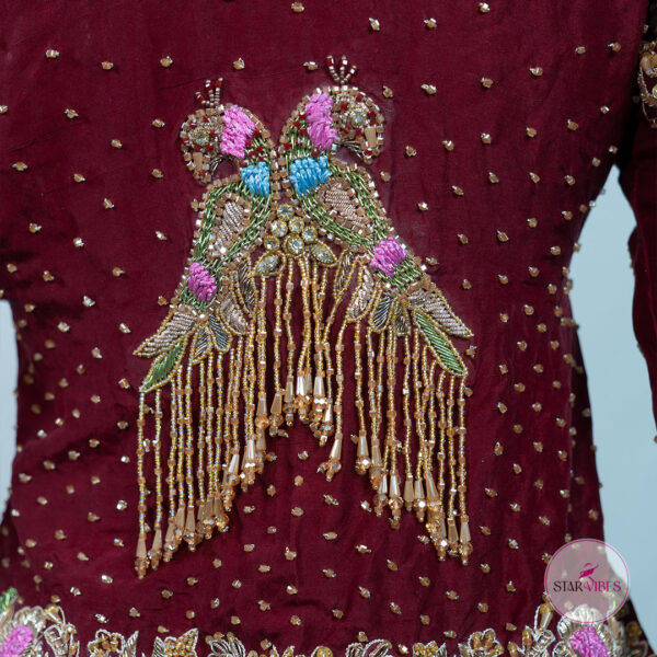 Maroon and Golden Bridal Dress with Intricate Handcrafted Details - Image 18