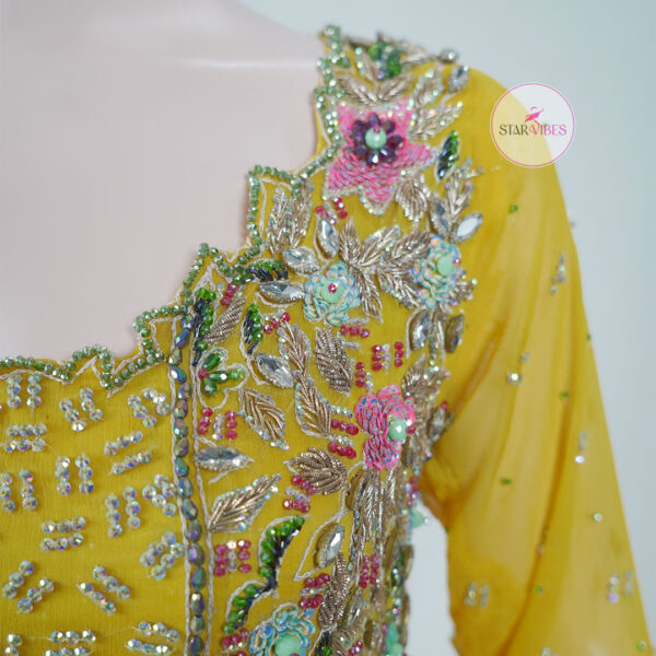 Yellow Mehndi Floral Bridal Dress with 3D Handcrafted Flower Work - Image 7