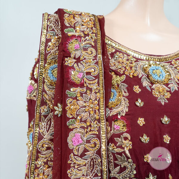 Maroon and Golden Bridal Dress with Intricate Handcrafted Details - Image 9