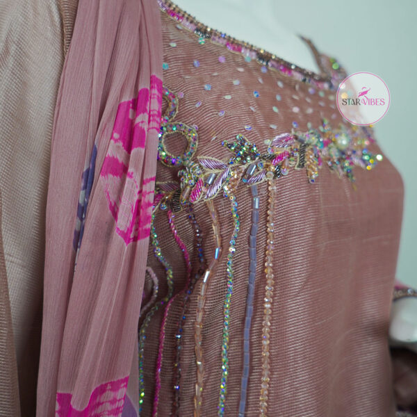 Tea Pink Party Dress with Hand Embroidered Katan Detailing - Image 4