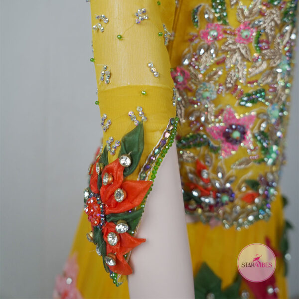 Yellow Mehndi Floral Bridal Dress with 3D Handcrafted Flower Work - Image 13