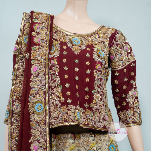 Maroon and Golden Bridal Dress with Intricate Handcrafted Details - Image 10