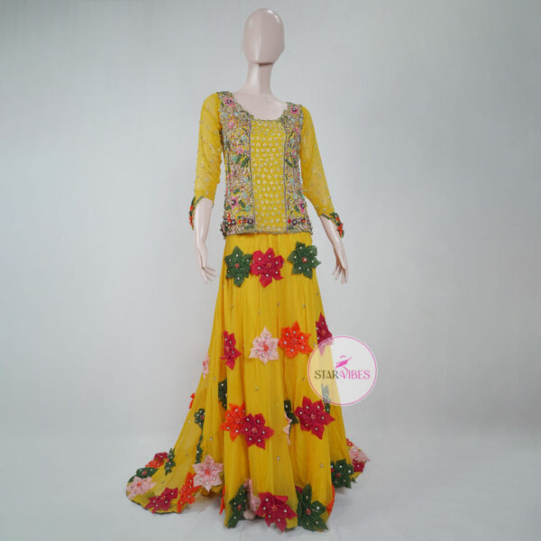 Yellow Mehndi Floral Bridal Dress with 3D Handcrafted Flower Work - Image 14