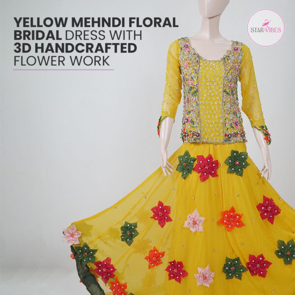 Yellow Mehndi Floral Bridal Dress with 3D Handcrafted Flower Work