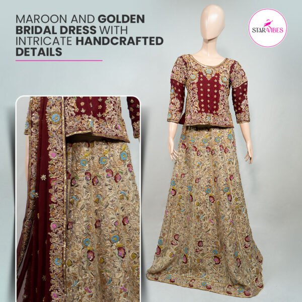 Maroon and Golden Bridal Dress with Intricate Handcrafted Details