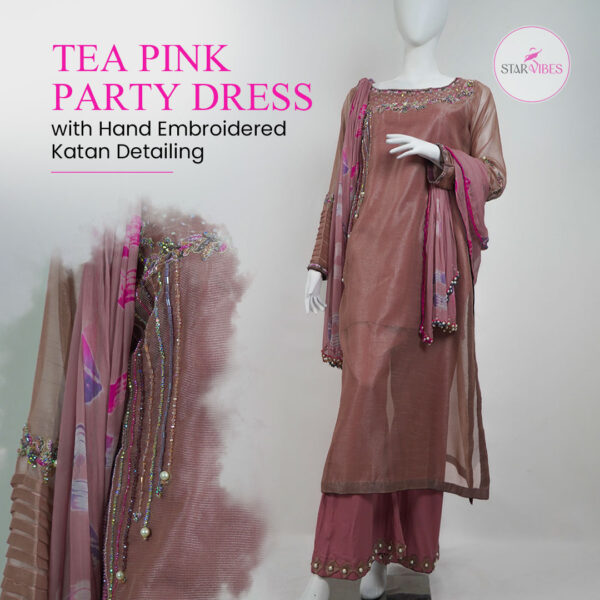 Tea Pink Party Dress with Hand Embroidered Katan Detailing