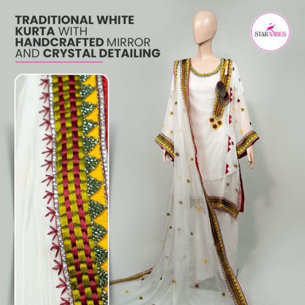 Traditional White Kurta with Handcrafted Mirror and Crystal Detailing