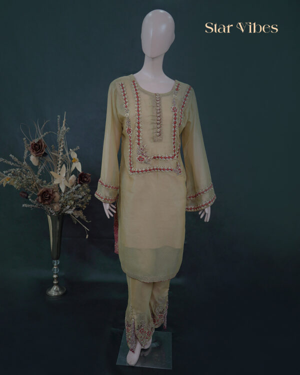 Light golden 3-piece Khadi net outfit with zardozi, dabka, resham, crystal, cut dana, sitara work, featuring tie-dye dupatta and maroon crystal tassel trousers – Star Vibes Pakistani party wear.