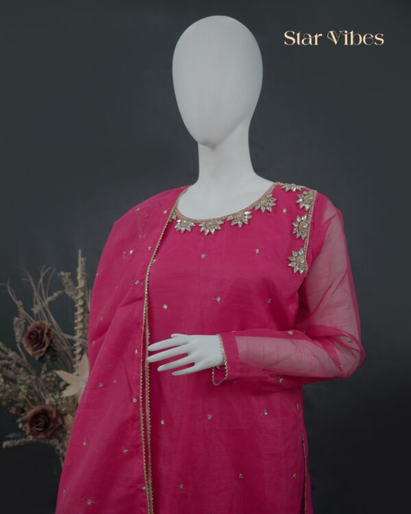 Shocking Pink 3-piece khadi net dress with zardozi, crystal, and sitara work – Star Vibes Clothing