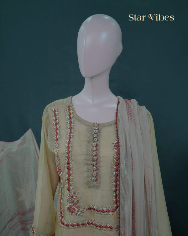 Light golden 3-piece Khadi net outfit with zardozi, dabka, resham, crystal, cut dana, sitara work, featuring tie-dye dupatta and maroon crystal tassel trousers – Star Vibes Pakistani party wear.